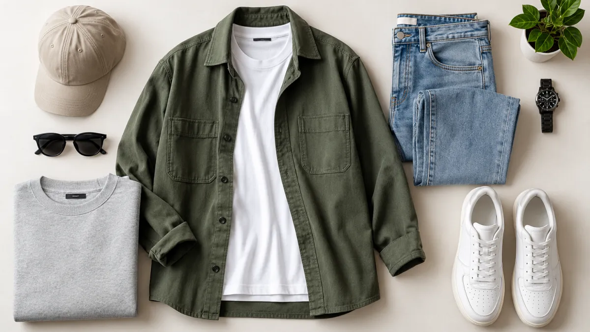 Flat lay clothing arrangement featuring an olive green jacket, white t-shirt, blue jeans, gray sweatshirt, white sneakers, beige cap, black sunglasses, wristwatch, and potted plant on a neutral beige background.