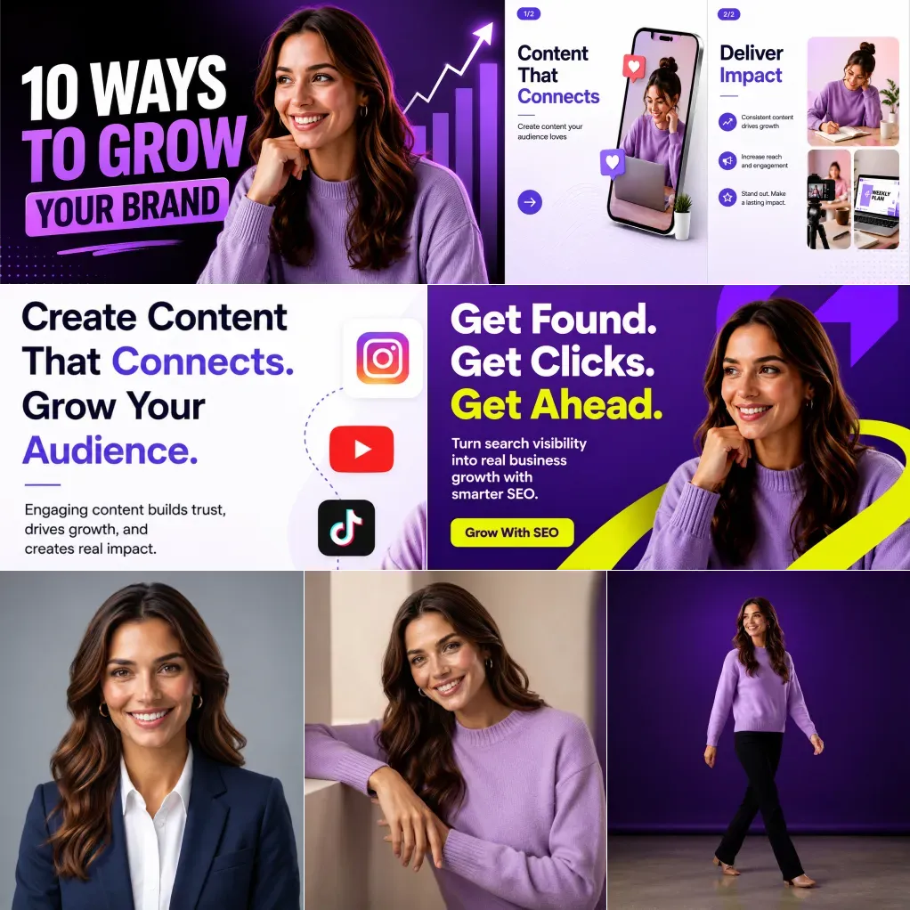 AI content creation suite for creators featuring viral YouTube thumbnails, multi-slide Instagram carousels, channel banners, and professional headshots