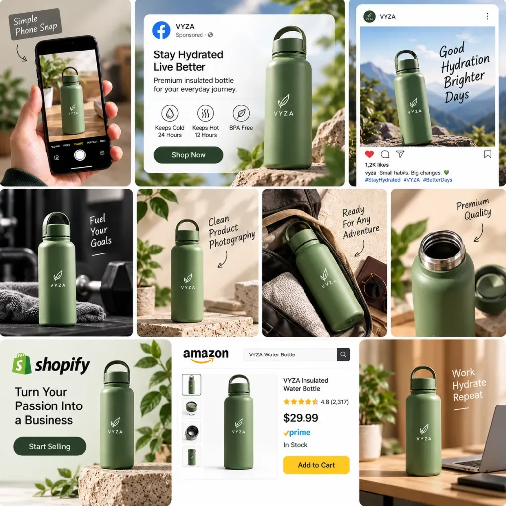 AI e-commerce product photography transformation from a smartphone photo into Amazon listings, Shopify banners, studio packshots, and social media ads