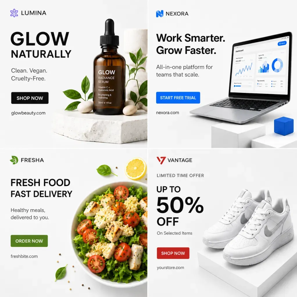 AI multi-channel marketing campaign suite with high-converting ads for beauty, SaaS software, food delivery, and e-commerce retail generated with SocialShot