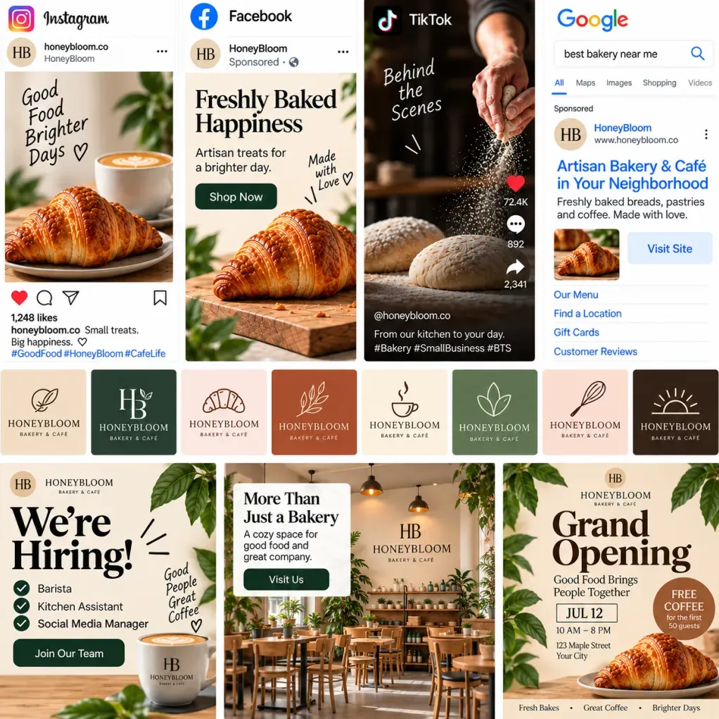 AI marketing visual suite for local small businesses featuring HoneyBloom Bakery café social ads, logo designs, hiring posters, storefront photography, and grand opening flyers